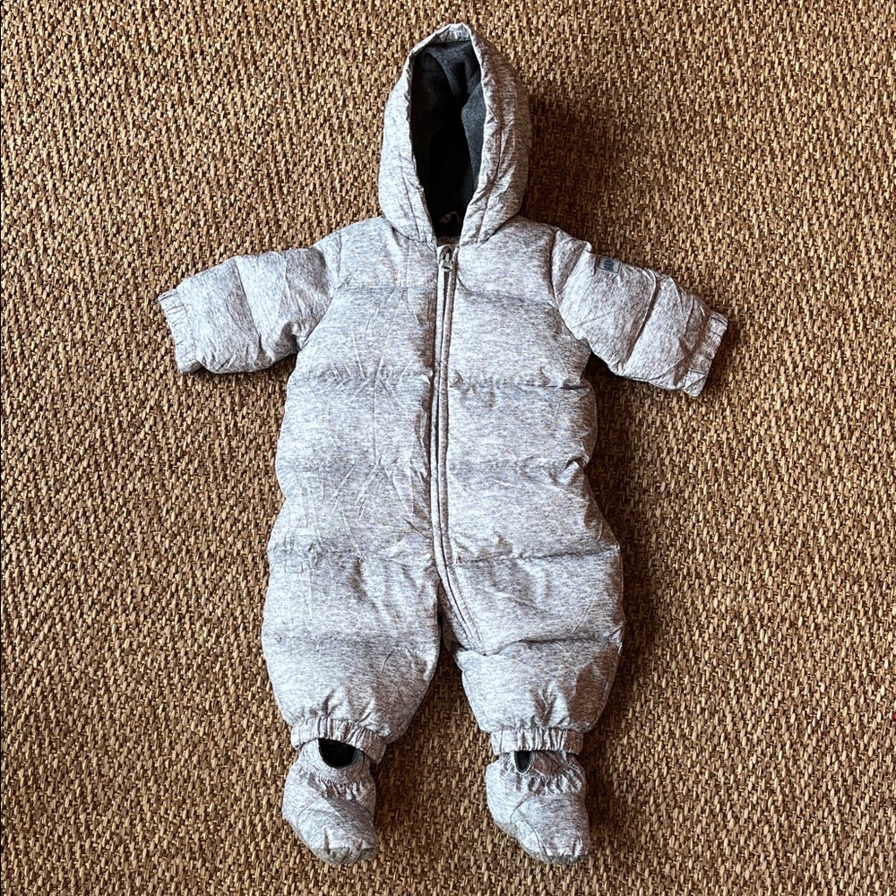 Gray Hooded Baby Down Snowsuit with Booties